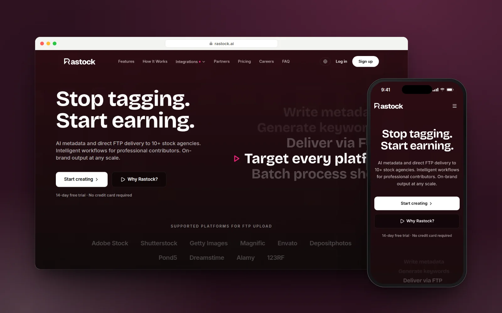 Rastock AI — AI writes stock metadata and delivers files to 10+ agencies in one run.