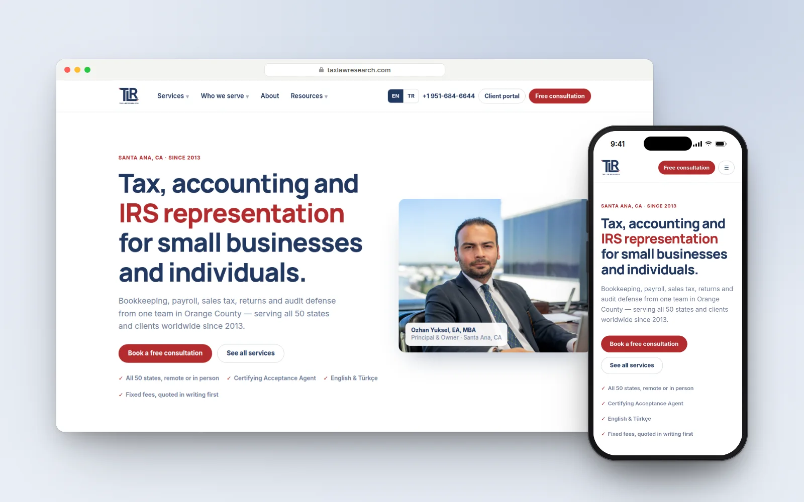 Tax Law Research — A bilingual (English & Turkish) site for a California tax firm: 6 service families, 290 pages and a free-consultation path on every page.